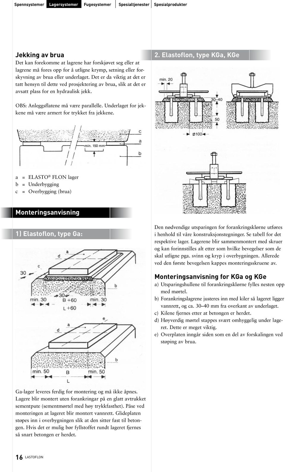 Elastoflon, type KGa, KGe OBS: Anleggsflatene må være parallelle. Underlaget for jekkene må være armert for trykket fra jekkene.