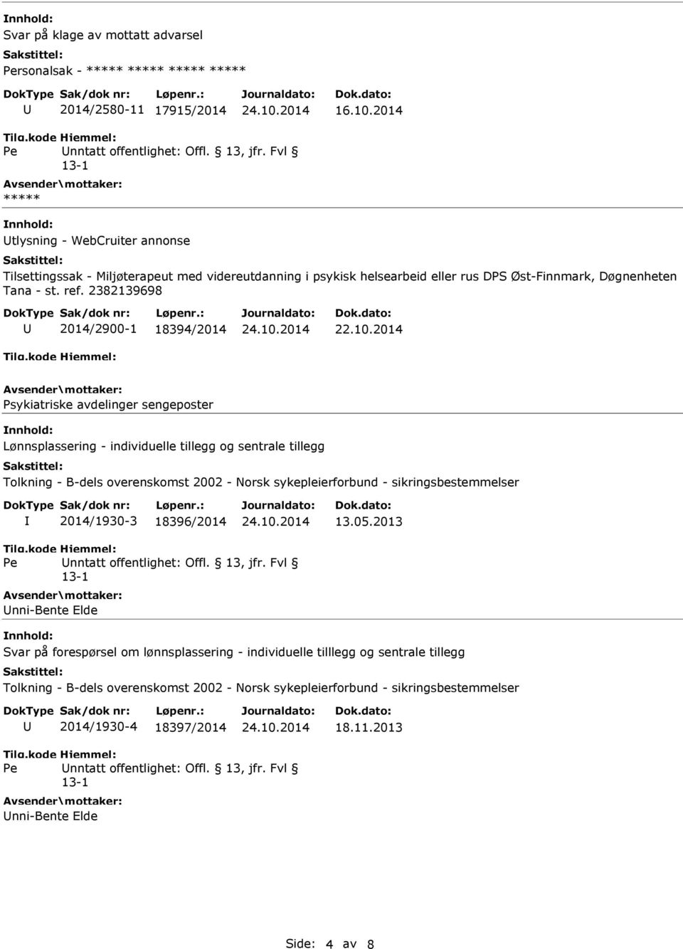 10.2014 Psykiatriske avdelinger sengeposter Lønnsplassering - individuelle tillegg og sentrale tillegg Tolkning - B-dels overenskomst 2002 - Norsk sykepleierforbund - sikringsbestemmelser 2014/1930-3