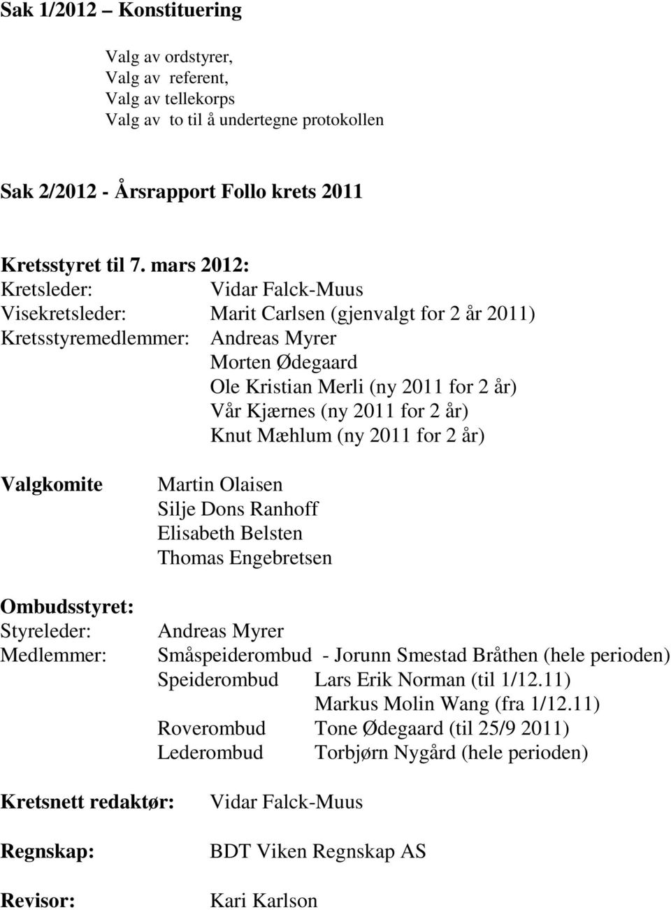 (ny 2011 for 2 år) Knut Mæhlum (ny 2011 for 2 år) Valgkomite Ombudsstyret: Styreleder: Medlemmer: Martin Olaisen Silje Dons Ranhoff Elisabeth Belsten Thomas Engebretsen Andreas Myrer Småspeiderombud