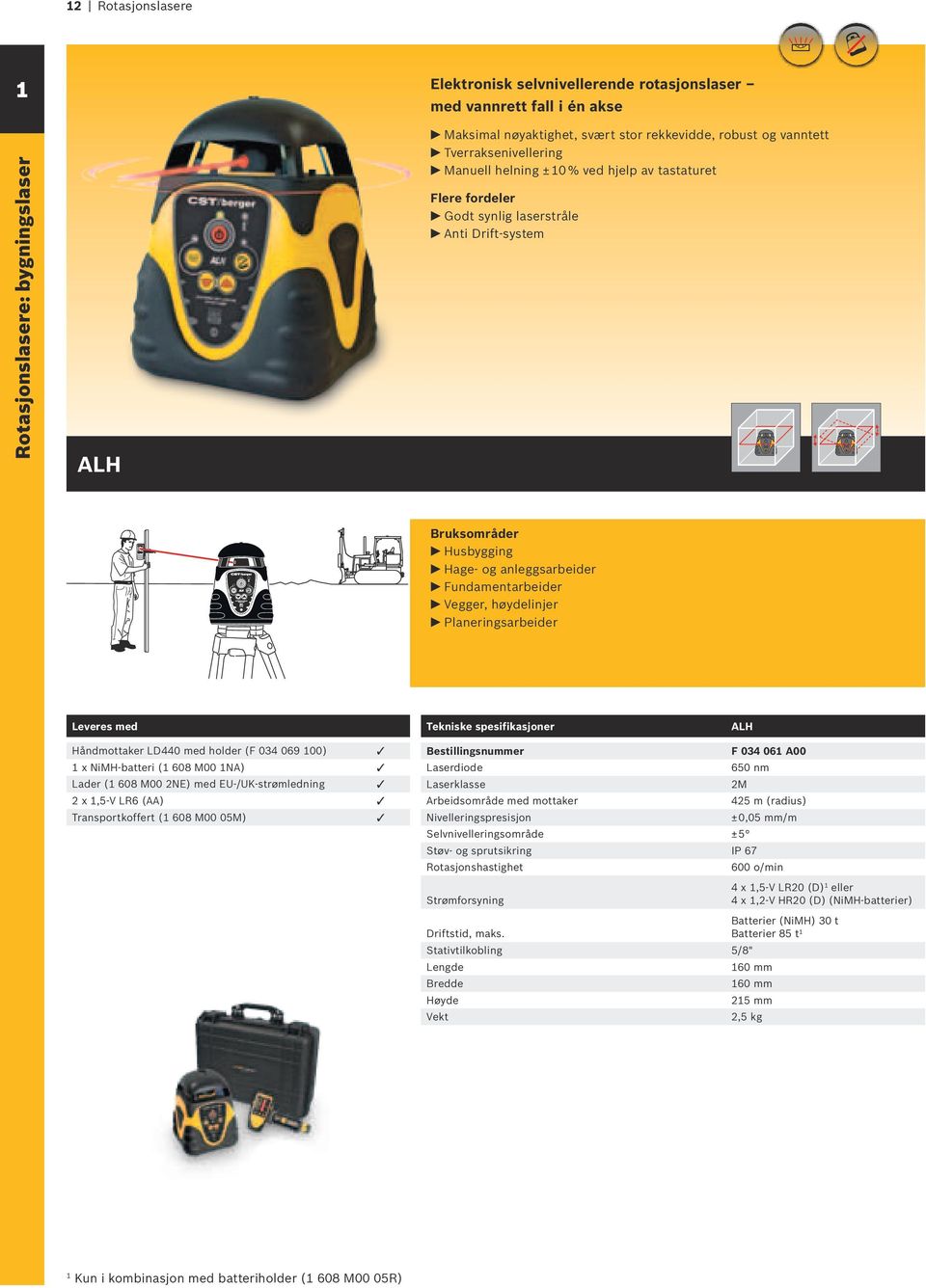 Planeringsarbeider ALH Håndmottaker LD440 med holder (F 034 069 00) 3 x NiMH-batteri ( 608 M00 NA) 3 Lader ( 608 M00 2NE) med EU-/UK-strømledning 3 2 x,5-v LR6 (AA) 3 Transportkoffert ( 608 M00 05M)