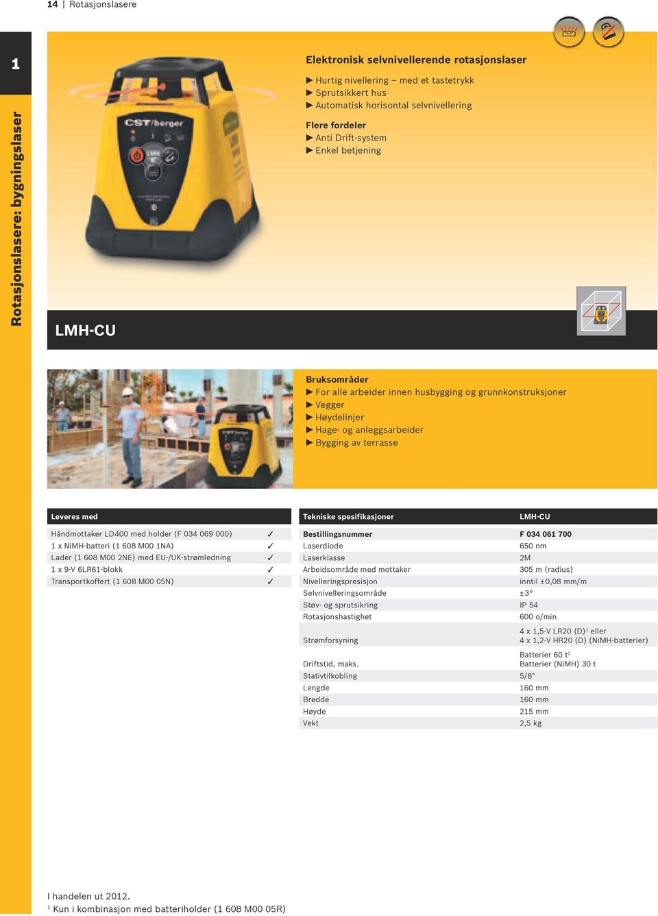 3 x NiMH-batteri ( 608 M00 NA) 3 Lader ( 608 M00 2NE) med EU-/UK-strømledning 3 x 9-V 6LR6-blokk 3 Transportkoffert ( 608 M00 05N) 3 F 034 06 700 Laserdiode 650 nm Laserklasse 2M Arbeidsområde med