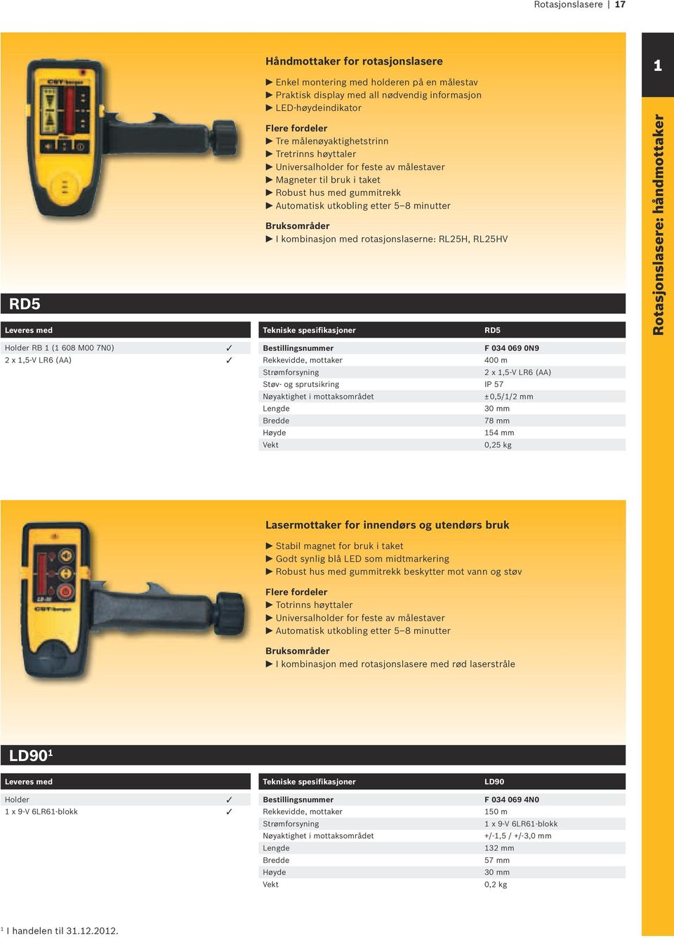 RL25HV RD5 Rotasjonslasere: håndmottaker Holder RB ( 608 M00 7N0) 3 2 x,5-v LR6 (AA) 3 F 034 069 0N9 Rekkevidde, mottaker 400 m 2 x,5-v LR6 (AA) Støv- og sprutsikring IP 57 Nøyaktighet i