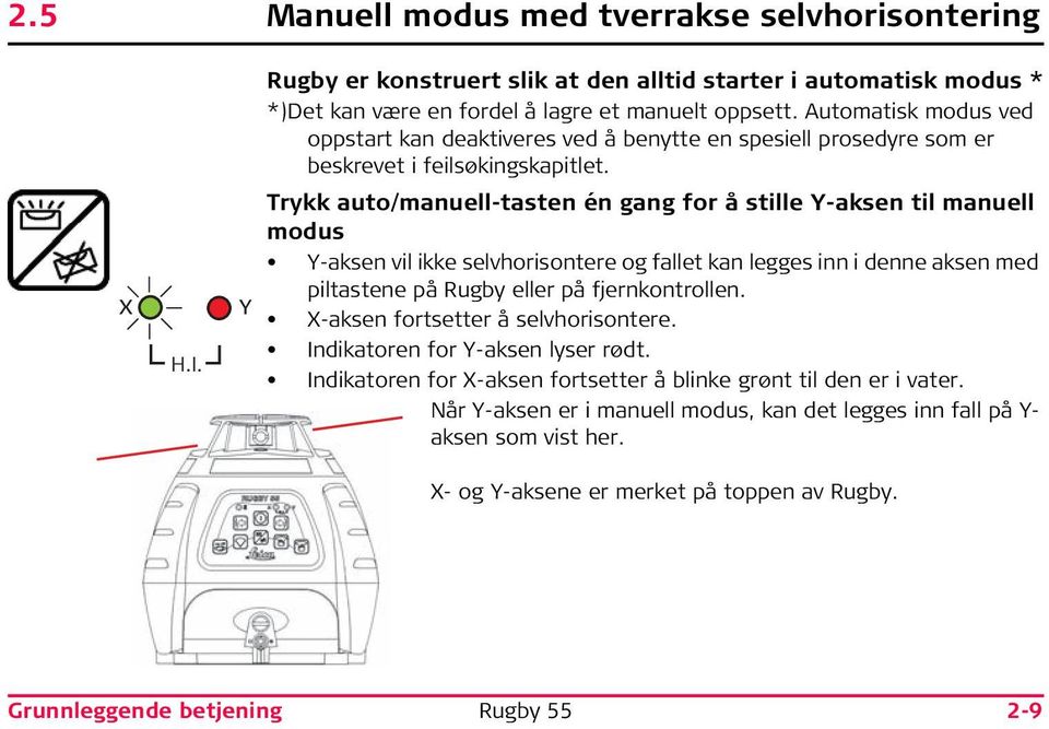 Y Trykk auto/manuell-tasten én gang for å stille Y-aksen til manuell modus Y-aksen vil ikke selvhorisontere og fallet kan legges inn i denne aksen med piltastene på Rugby eller på fjernkontrollen.