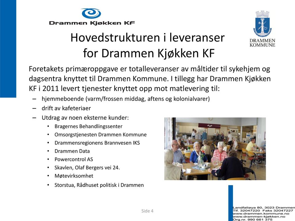 I tillegg har Drammen Kjøkken KF i 2011 levert tjenester knyttet opp mot matlevering til: hjemmeboende (varm/frossen middag, aftens og