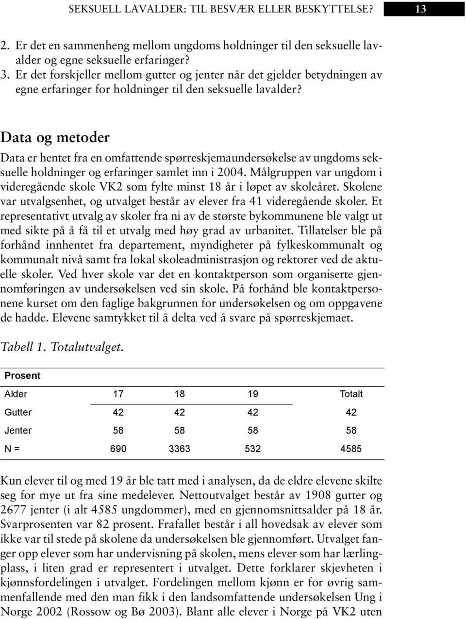 Data og metoder Data er hentet fra en omfattende spørreskjemaundersøkelse av ungdoms seksuelle holdninger og erfaringer samlet inn i 2004.