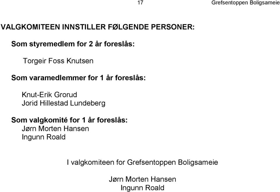 Grorud Jorid Hillestad Lundeberg Som valgkomité for 1 år foreslås: Jørn Morten Hansen