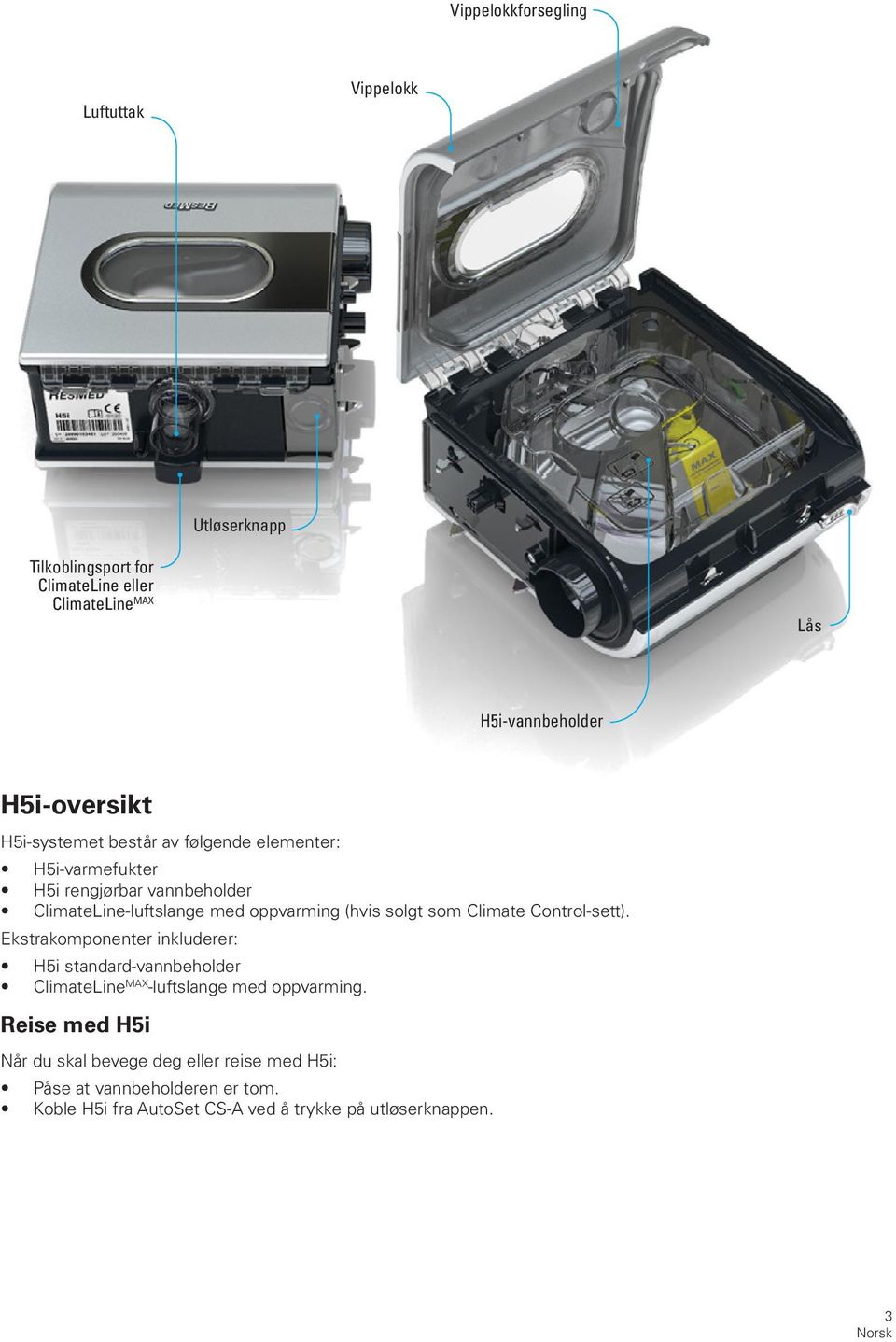 (hvis solgt som Climate Control-sett). Ekstrakomponenter inkluderer: H5i standard-vannbeholder ClimateLine MAX -luftslange med oppvarming.