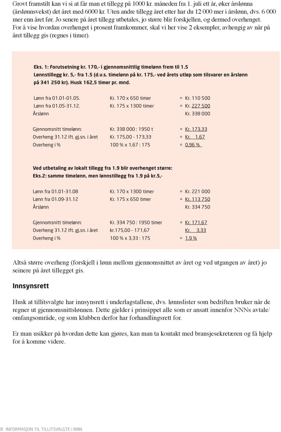 For å vise hvordan overhenget i prosent framkommer, skal vi her vise 2 eksempler, avhengig av når på året tillegg gis (regnes i timer). Eks. 1: Forutsetning kr.