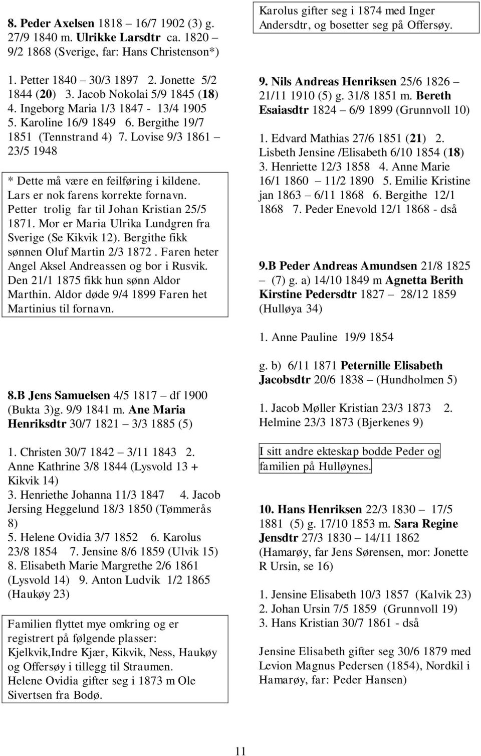 Lars er nok farens korrekte fornavn. Petter trolig far til Johan Kristian 25/5 1871. Mor er Maria Ulrika Lundgren fra Sverige (Se Kikvik 12). Bergithe fikk sønnen Oluf Martin 2/3 1872.