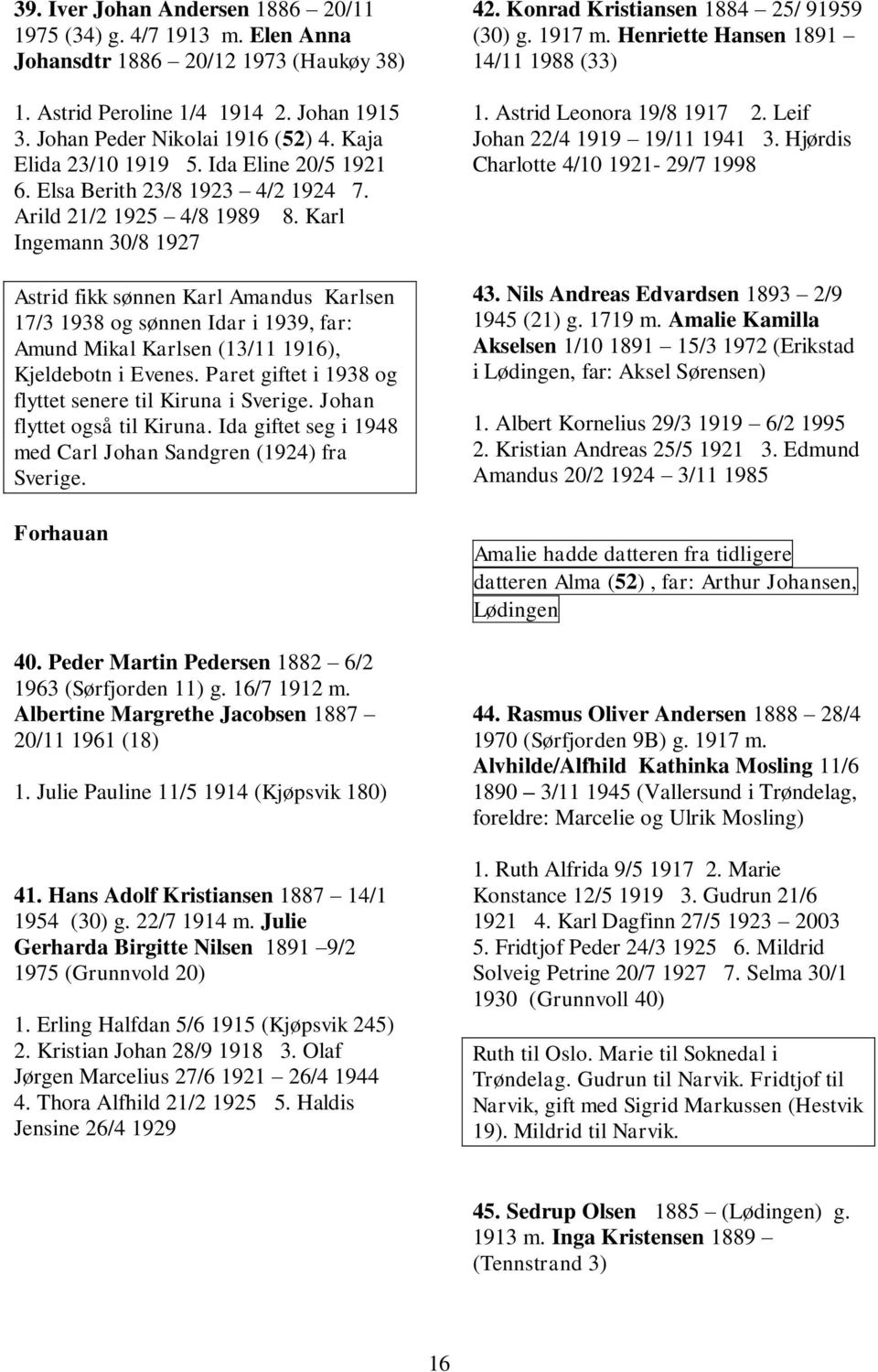 Karl Ingemann 30/8 1927 Astrid fikk sønnen Karl Amandus Karlsen 17/3 1938 og sønnen Idar i 1939, far: Amund Mikal Karlsen (13/11 1916), Kjeldebotn i Evenes.