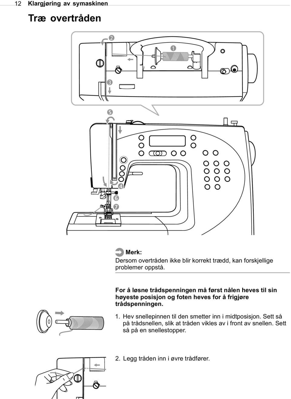 For å løsne trådspenningen må først nålen heves til sin høyeste posisjon og foten heves for å frigjøre
