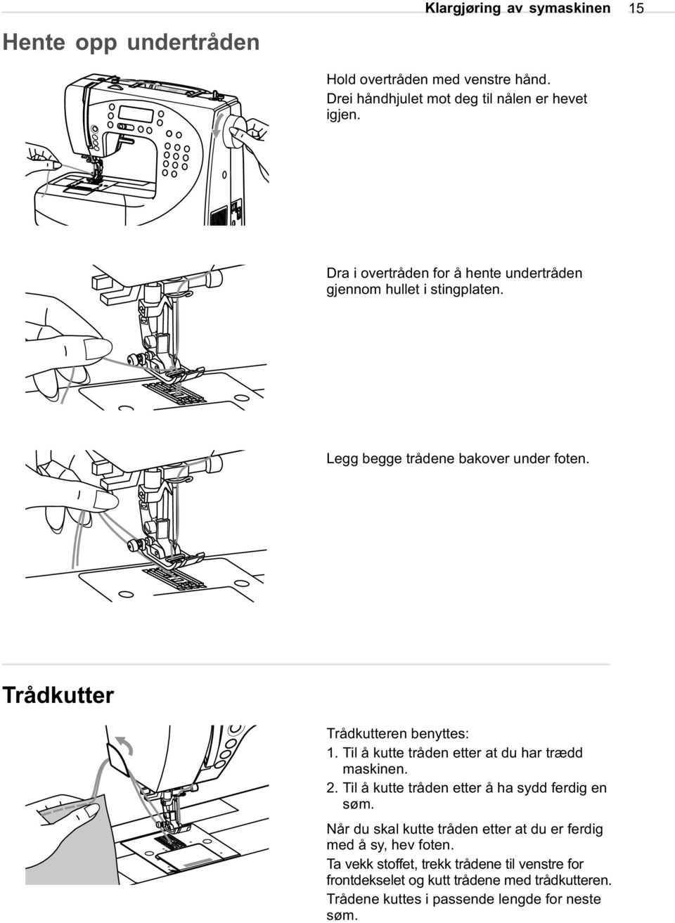 Til å kutte tråden etter at du har trædd maskinen. 2. Til å kutte tråden etter å ha sydd ferdig en søm.