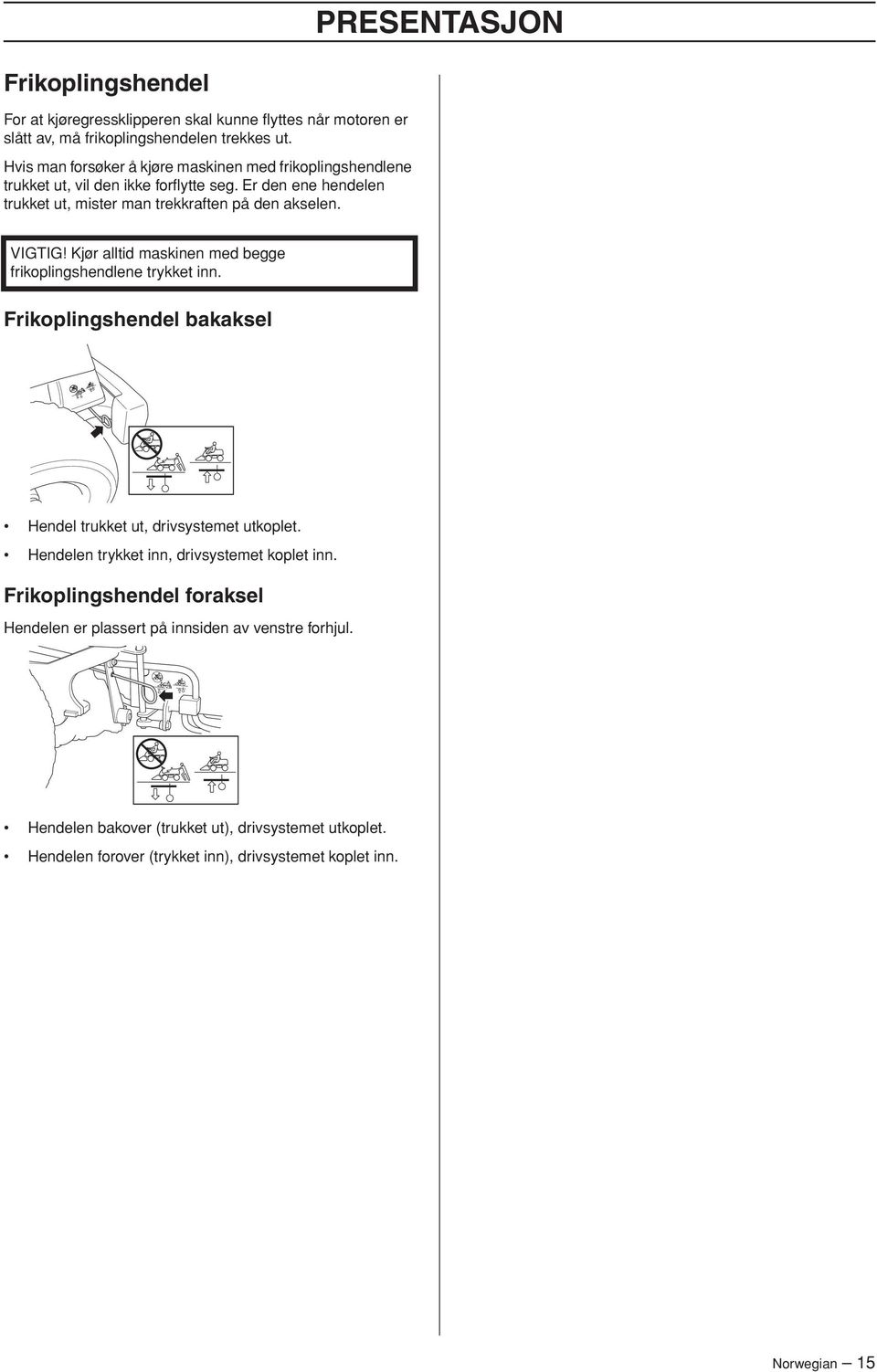 VIGTIG Kjør alltid maskinen med begge frikoplingshendlene trykket inn. Frikoplingshendel bakaksel Hendel trukket ut, drivsystemet utkoplet.