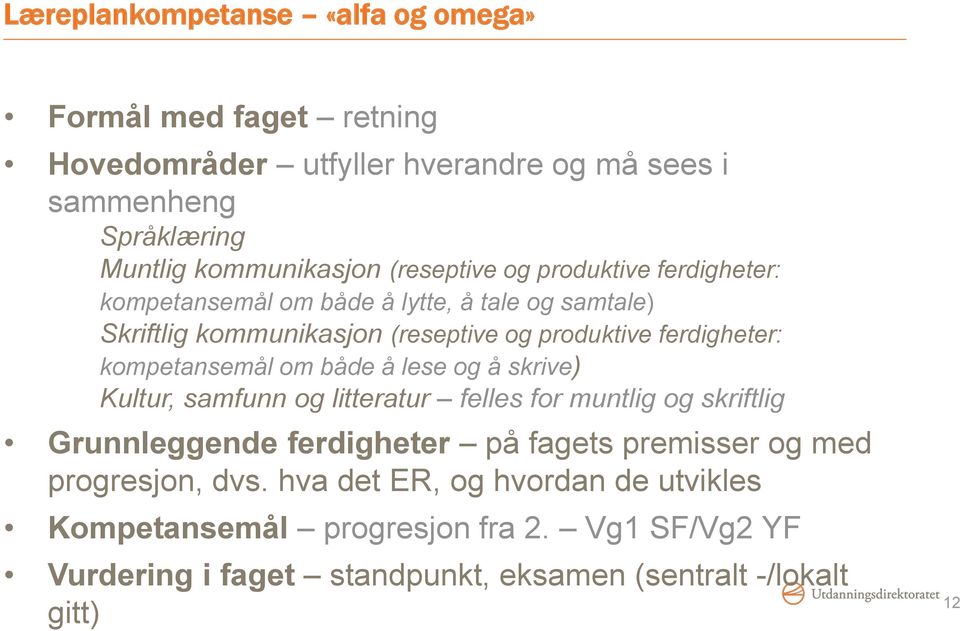 kompetansemål om både å lese og å skrive) Kultur, samfunn og litteratur felles for muntlig og skriftlig Grunnleggende ferdigheter på fagets premisser og