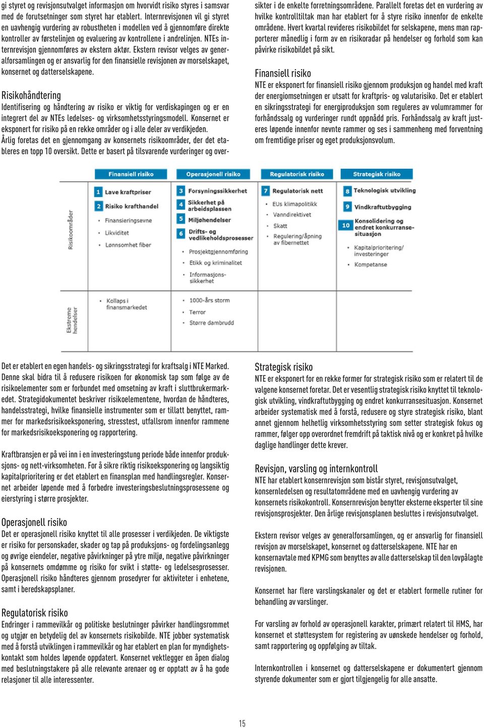 NTEs internrevisjon gjennomføres av ekstern aktør. Ekstern revisor velges av generalforsamlingen og er ansvarlig for den finansielle revisjonen av morselskapet, konsernet og datterselskapene.