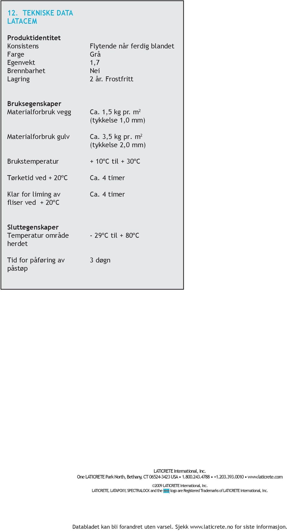 3,5 kg pr. m 2 (tykkelse 2,0 mm) + 10ºC til + 30ºC Ca. 4 timer Ca.