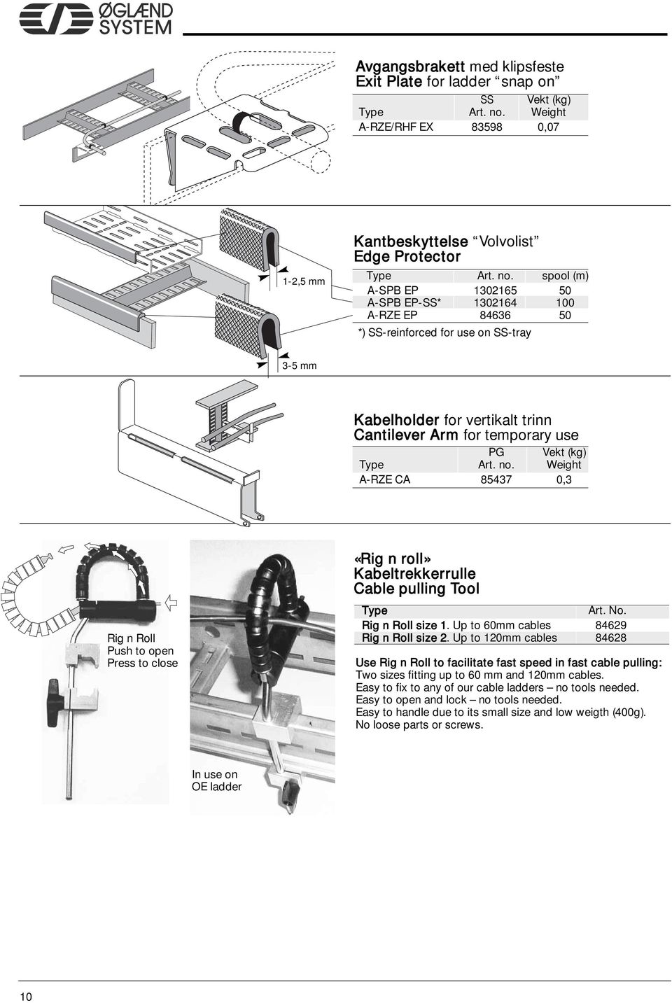 85437 0,3 Rig n Roll Push to open Press to close «Rig n roll» Kabeltrekkerrulle Cable pulling Tool Type Art. No. Rig n Roll size 1. Up to 60mm cables 84629 Rig n Roll size 2.