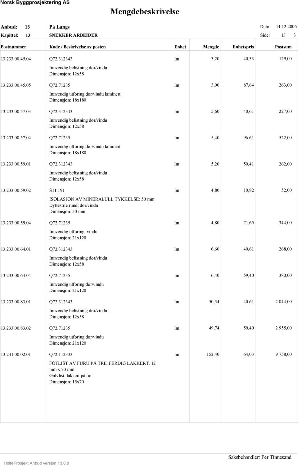 7235 lm 5,40 96,6 522,00 Innvendig utforing dør/vindu laminert Dimensjon: 8x80.233.00.59.0 Q72.32343 lm 5,20 50,4 262,00 Innvendig belistning dør/vindu Dimensjon: 2x58.233.00.59.02 S.
