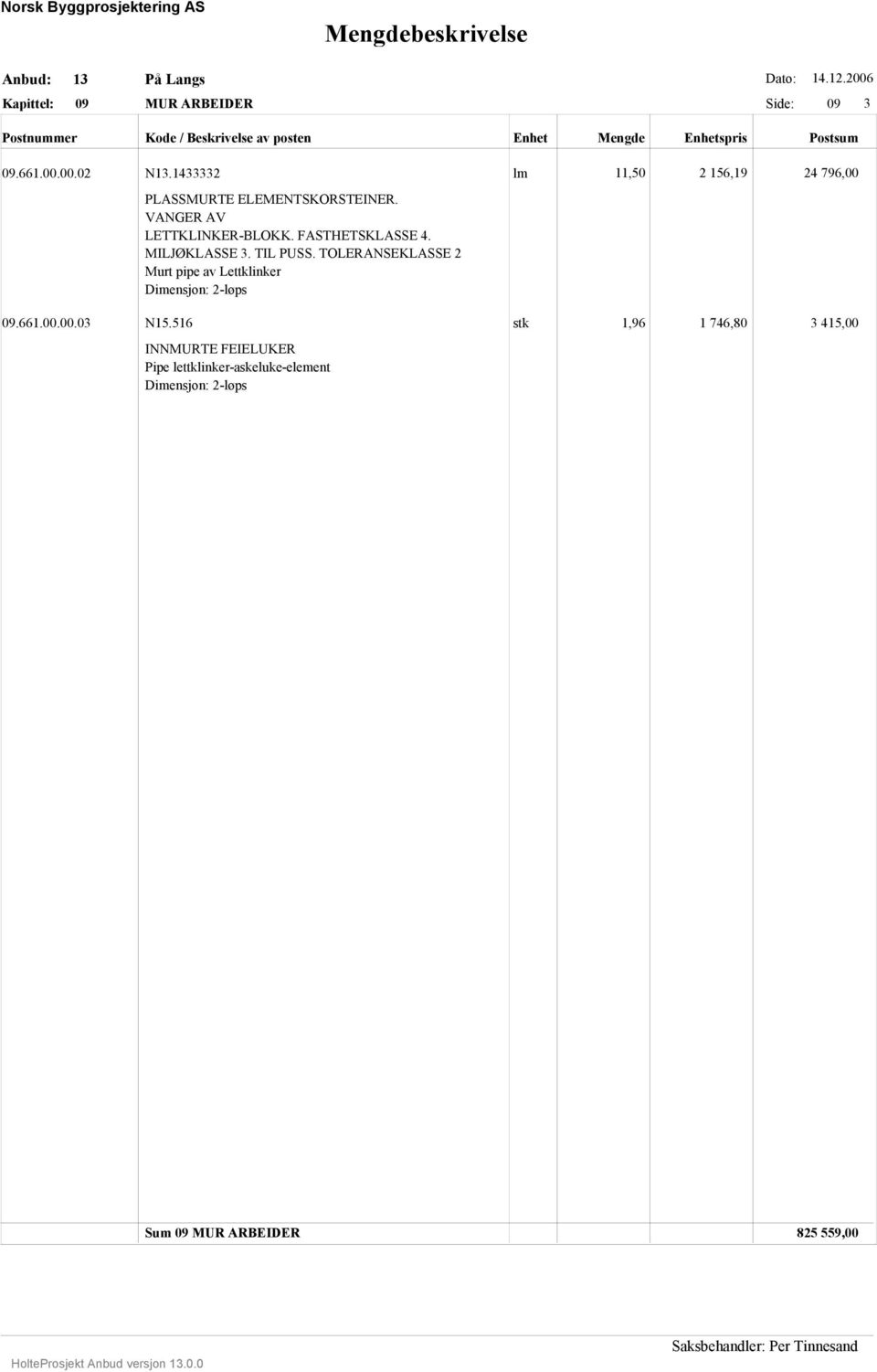 TOLERANSEKLASSE 2 Murt pipe av Lettklinker Dimensjon: 2-løps 09.66.00.00.03 N5.