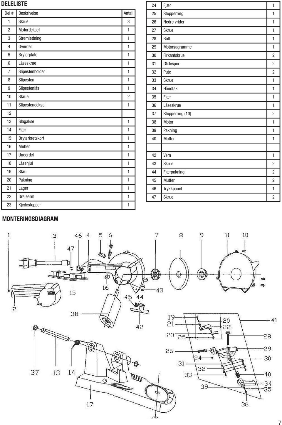 Kjedestopper 1 24 Fjær 1 25 Stopperring 1 26 Nedre vrider 1 27 Skrue 1 28 Bolt 1 29 Motorsagramme 1 30 Firkantskrue 2 31 Glidespor 2 32 Pute 2 33 Skrue 1 34 Håndtak 1 35