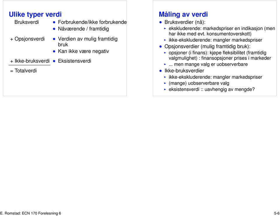 konsumentoverskott) ikke-ekskluderende: mangler markedspriser Opsjonsverdier (mulig framtidig bruk): opsjoner (i finans): kjøpe fleksibilitet (framtidig valgmulighet) :