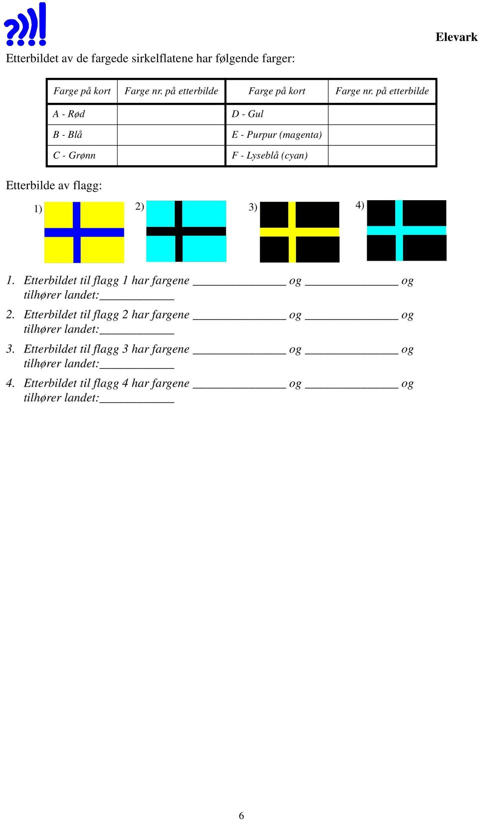 på etterbilde A - Rød B - Blå C - Grønn D - Gul E - Purpur (magenta) F - Lyseblå (cyan) Etterbilde av flagg: 1) 2) 3) 4) 1.