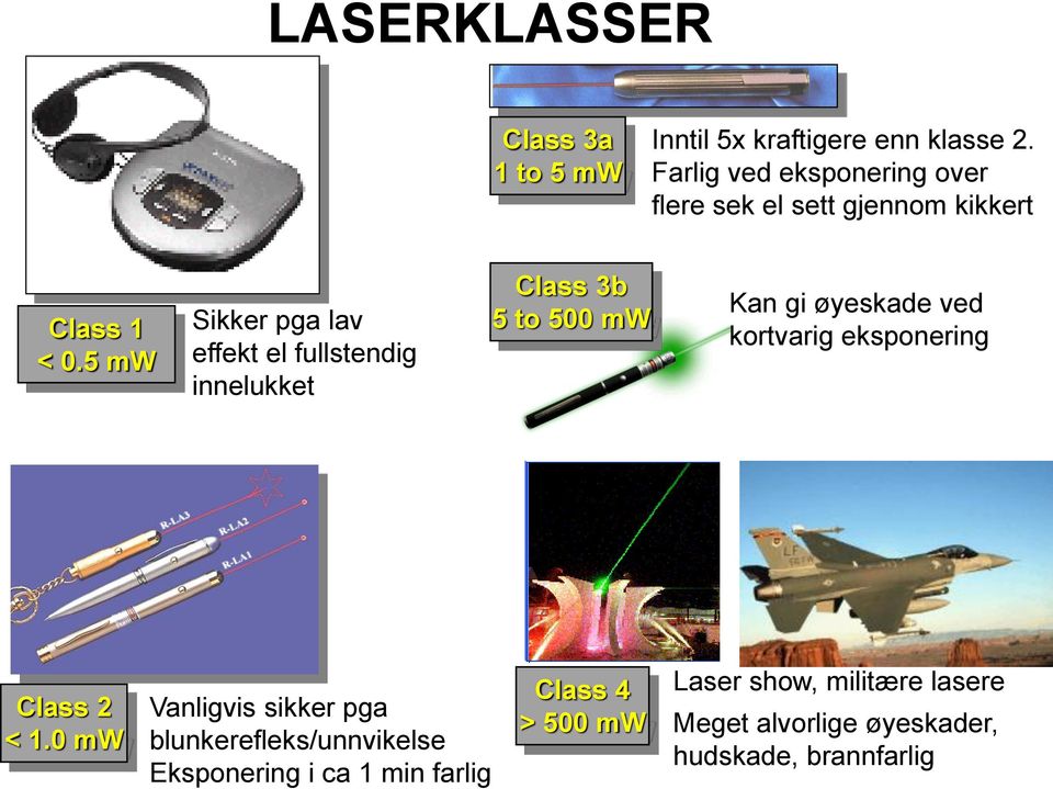 5 mw Sikker pga lav effekt el fullstendig innelukket Class 3b 5 to 500 mw Kan gi øyeskade ved kortvarig