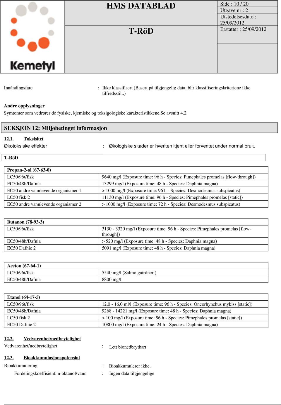 : Miljøbetinget informasjon 12.1. Toksisitet Økotoksiske effekter : Økologiske skader er hverken kjent eller forventet under normal bruk.