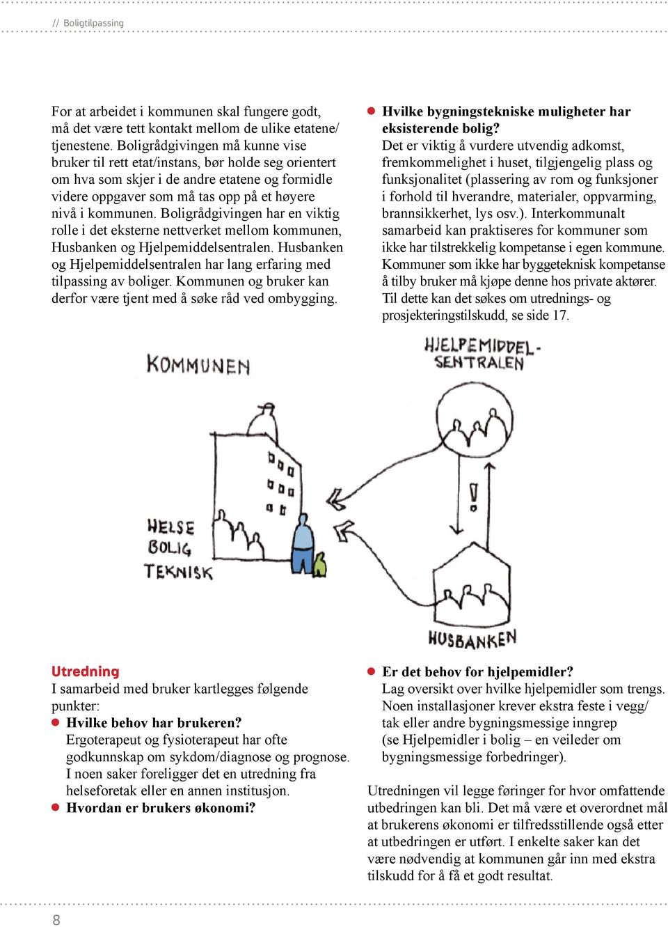 Boligrådgivingen har en viktig rolle i det eksterne nettverket mellom kommunen, Husbanken og Hjelpemiddelsentralen. Husbanken og Hjelpemiddelsentralen har lang erfaring med tilpassing av boliger.