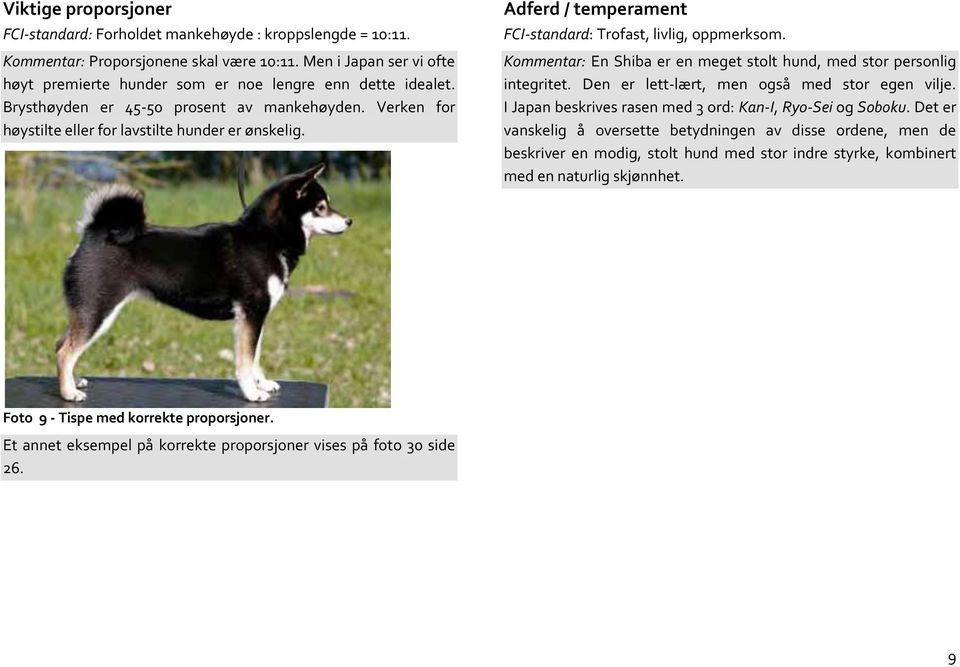 Adferd / temperament FCI-standard: Trofast, livlig, oppmerksom. Kommentar: En Shiba er en meget stolt hund, med stor personlig integritet. Den er lett-lært, men også med stor egen vilje.