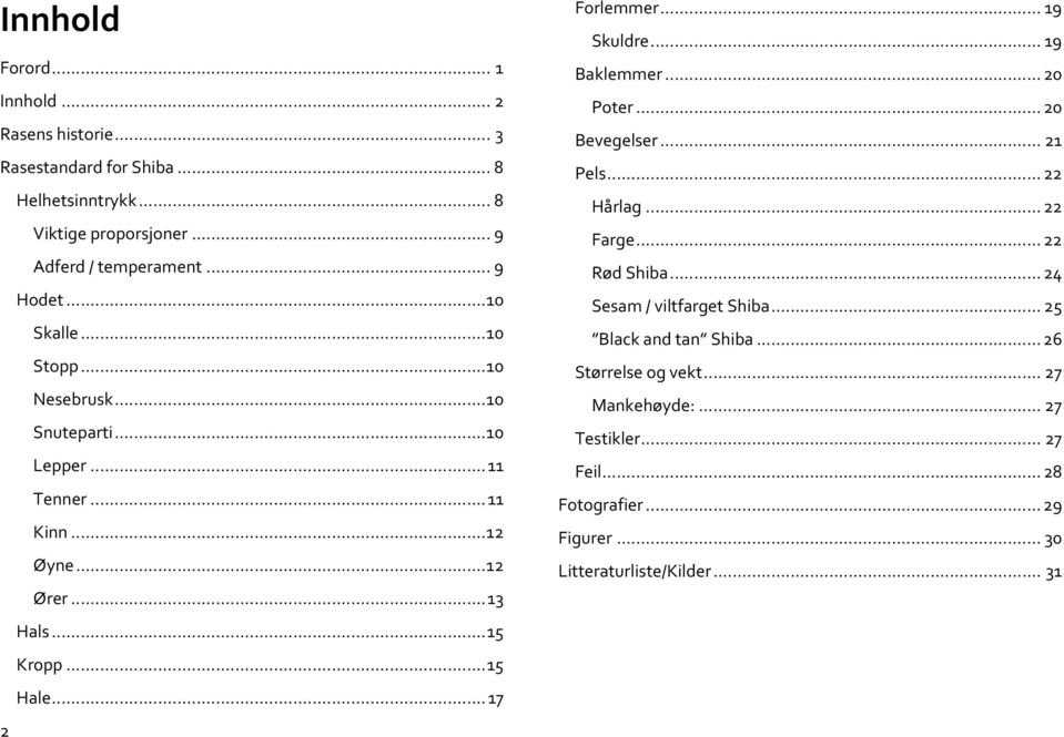 .. 17 2 Forlemmer... 19 Skuldre... 19 Baklemmer... 20 Poter... 20 Bevegelser... 21 Pels... 22 Hårlag... 22 Farge... 22 Rød Shiba... 24 Sesam / viltfarget Shiba.
