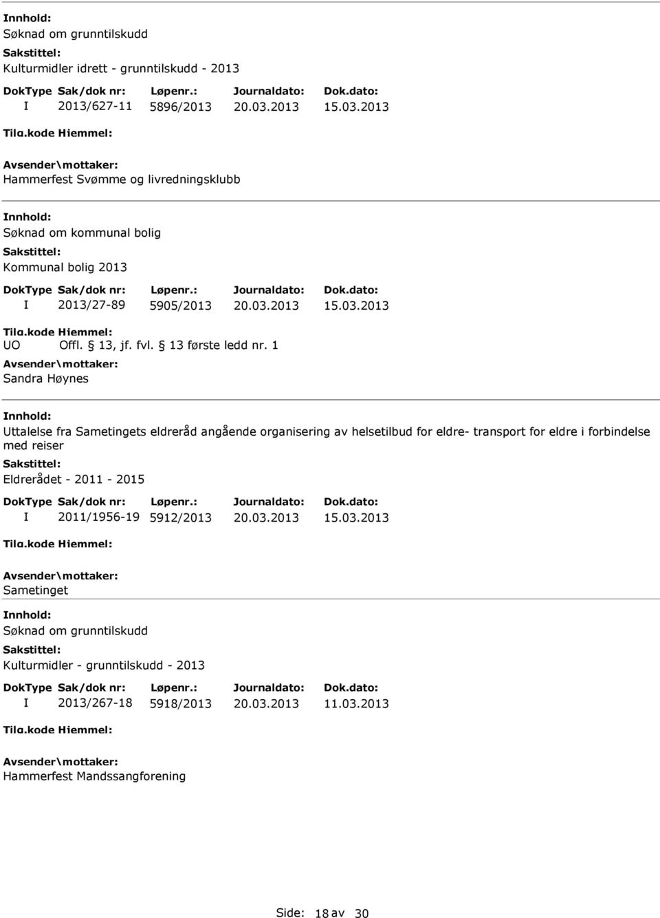 2013 O Sandra Høynes ttalelse fra Sametingets eldreråd angående organisering av helsetilbud for eldre- transport for eldre i forbindelse med