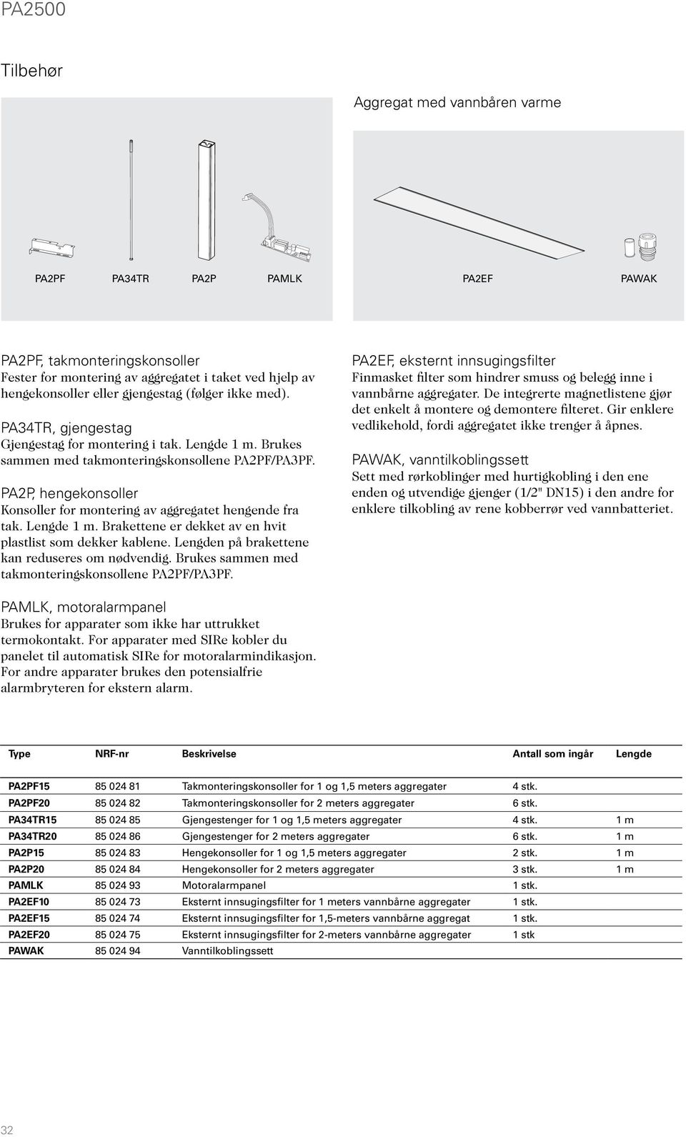 PA2P, hengekonsoller Konsoller for montering av aggregatet hengende fra tak. Lengde 1 m. Brakettene er dekket av en hvit plastlist som dekker kablene. Lengden på brakettene kan reduseres om nødvendig.