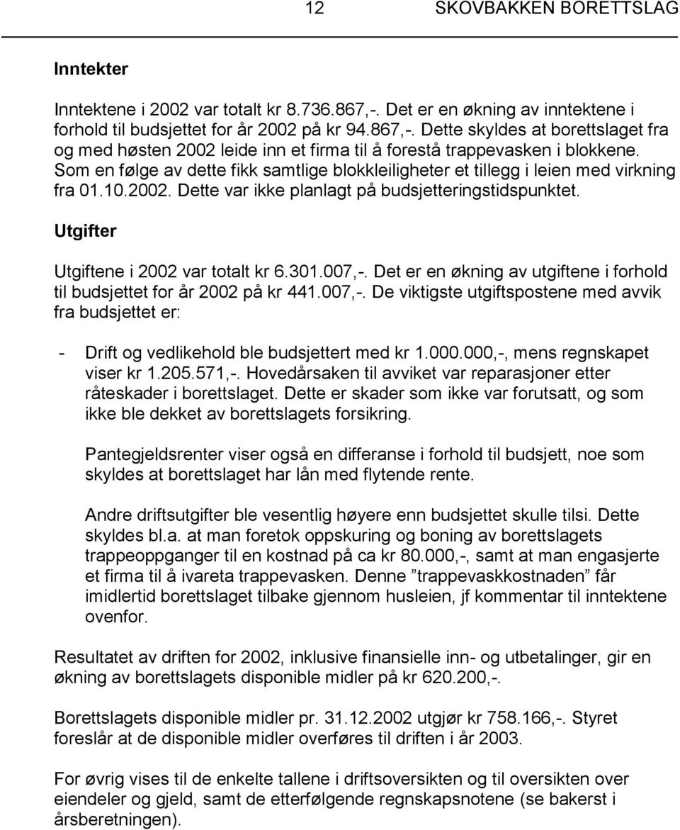 301.007,-. Det er en økning av utgiftene i forhold til budsjettet for år 2002 på kr 441.007,-. De viktigste utgiftspostene med avvik fra budsjettet er: - Drift og vedlikehold ble budsjettert med kr 1.