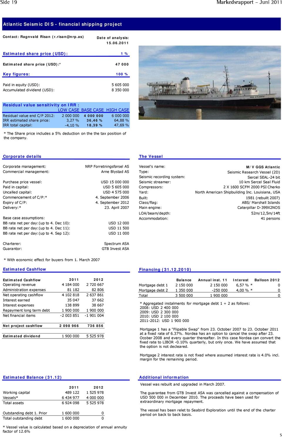 sensitivity on IRR : LOW CASE BASE CASE HIGH CASE Residual value end C/P 2012: 2 000 000 4 000 000 6 000 000 IRR estimated share price: 3,27 % 36,46 % 64,88 % IRR total capital: -4,10 % 18,39 % 47,69