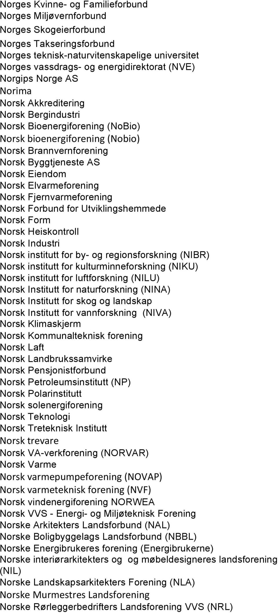 * Norsk Akkreditering Norsk Bergindustri Norsk Bioenergiforening (NoBio) 6/'+:*2)/%&%'()1/'%&)&(*56/2)/8* Norsk Brannvernforening Norsk Byggtjeneste AS Norsk Eiendom Norsk Elvarmeforening Norsk