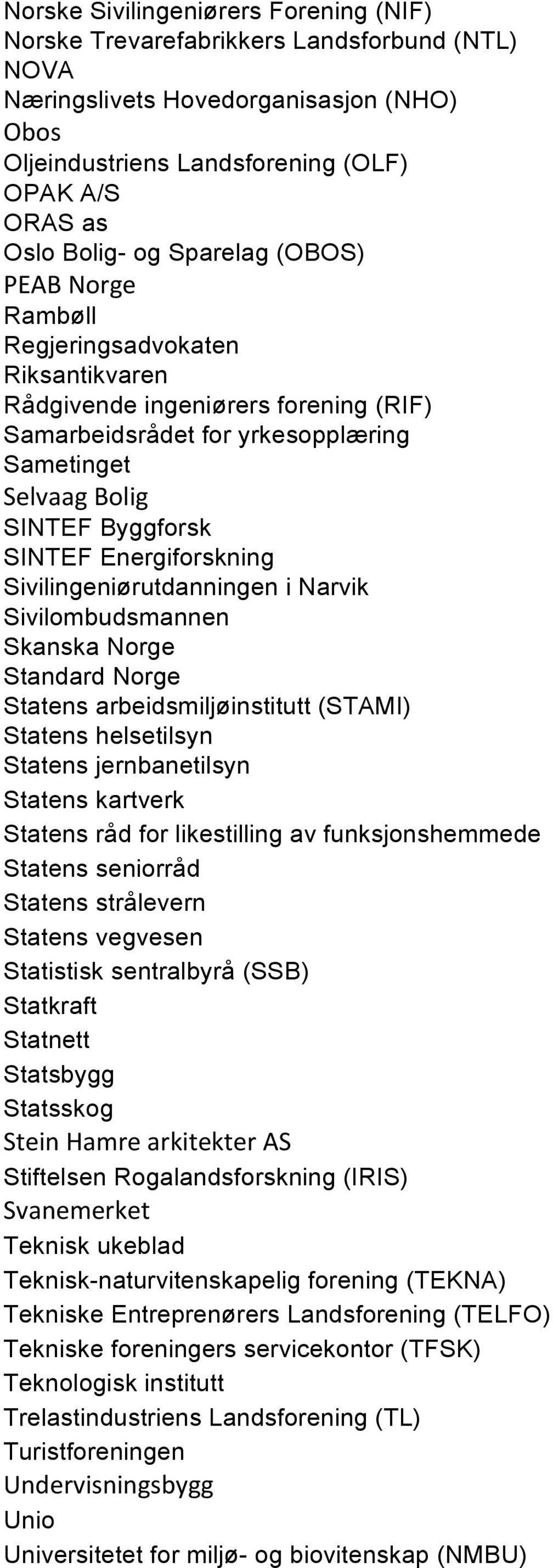 .(*"/0)(* SINTEF Byggforsk SINTEF Energiforskning Sivilingeniørutdanningen i Narvik Sivilombudsmannen Skanska Norge Standard Norge Statens arbeidsmiljøinstitutt (STAMI) Statens helsetilsyn Statens