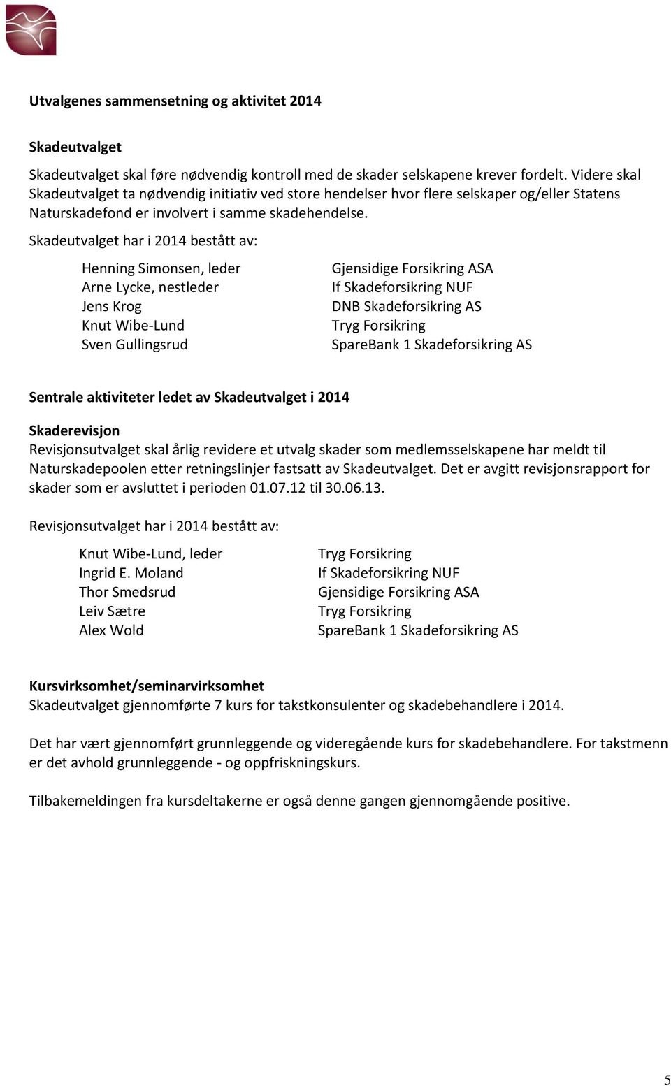 Skadeutvalget har i 2014 bestått av: Henning Simonsen, leder Arne Lycke, nestleder Jens Krog Knut Wibe-Lund Sven Gullingsrud DNB Skadeforsikring AS SpareBank 1 Skadeforsikring AS Sentrale aktiviteter