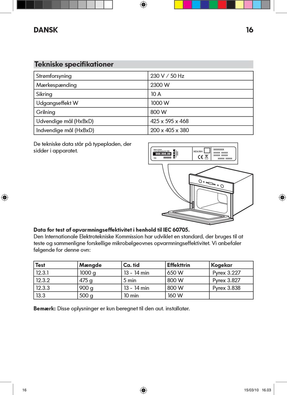 Den Internatonale Elektroteknske Kommsson har udvklet en standard, der bruges tl at teste og sammenlgne forskellge mkrobølgeovnes opvarmnngseffektvtet.