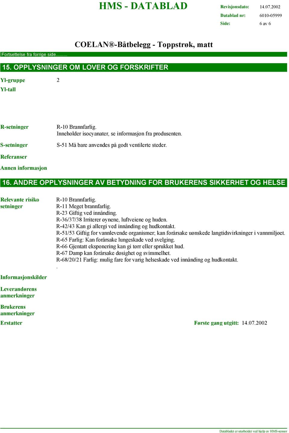 R-11 Meget brannfarlig. R-23 Giftig ved innånding. R-36/37/38 Irriterer øynene, luftveiene og huden. R-42/43 Kan gi allergi ved innånding og hudkontakt.