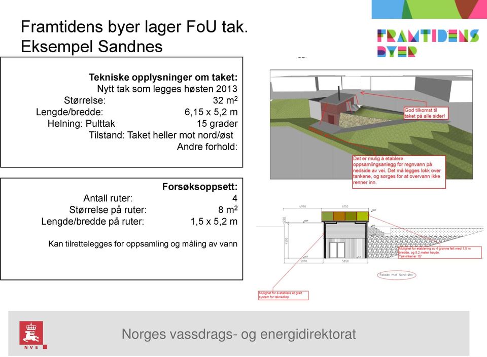 m 2 Lengde/bredde: 6,15 x 5,2 m Helning: Pulttak 15 grader Tilstand: Taket heller mot nord/øst