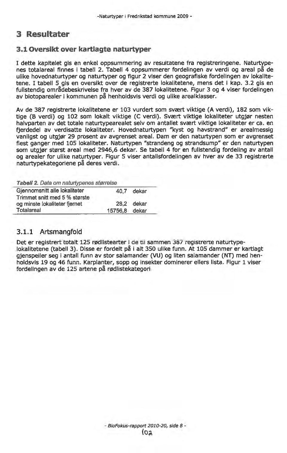 I tabell 5 gis en oversikt over de registrerte lokalitetene, mens det i kap. 3.2 gis en fullstendig områdebeskrivelse fra hver av de 387 lokalitetene.