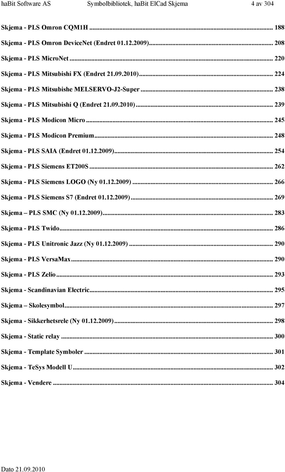 .. Skjema - PLS Siemens ET00S... Skjema - PLS Siemens LOGO (Ny 0..009)... Skjema - PLS Siemens S7 (Endret 0..009)... 9 Skjema PLS SMC (Ny 0..009)... 8 Skjema - PLS Twido.