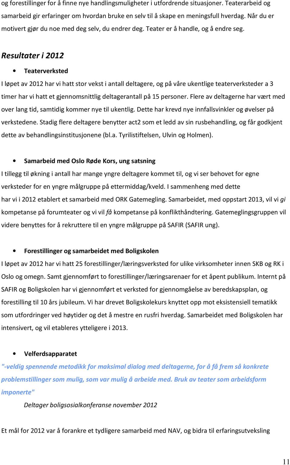 Resultater i 2012 Teaterverksted I løpet av 2012 har vi hatt stor vekst i antall deltagere, og på våre ukentlige teaterverksteder a 3 timer har vi hatt et gjennomsnittlig deltagerantall på 15