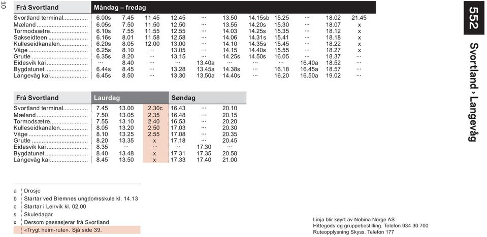 27 x Grutle... 6.35s 8.20 13.15 14.25s 14.50s 16.05 18.37 Eidesvik kai... 8.40 13.40a 16.40a 18.52 Bygdatunet... 6.44s 8.45 13.28 13.45a 14.38s 16.18 16.45a 18.57 Langevåg kai... 6.45s 8.50 13.30 13.