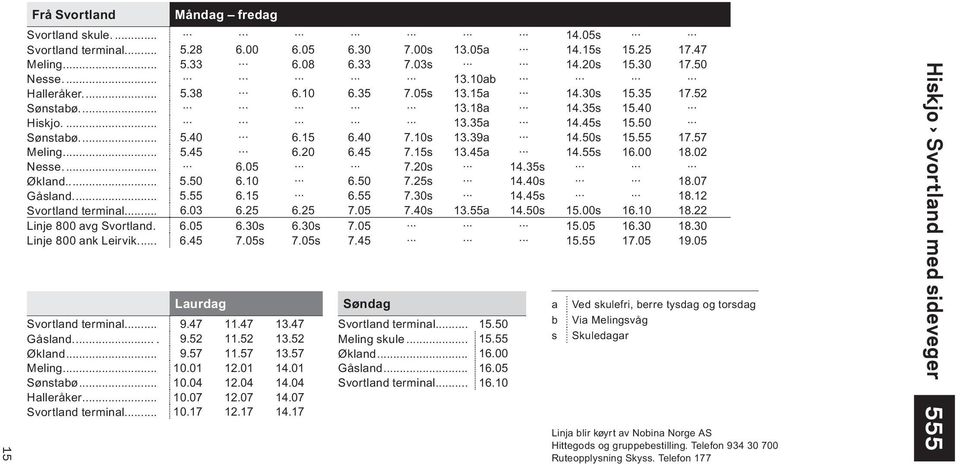 45a 14.55s 16.00 18.02 Nesse... 6.05 7.20s 14.35s Økland... 5.50 6.10 6.50 7.25s 14.40s 18.07 Gåsland... 5.55 6.15 6.55 7.30s 14.45s 18.12 Svortland terminal... 6.03 6.25 6.25 7.05 7.40s 13.55a 14.