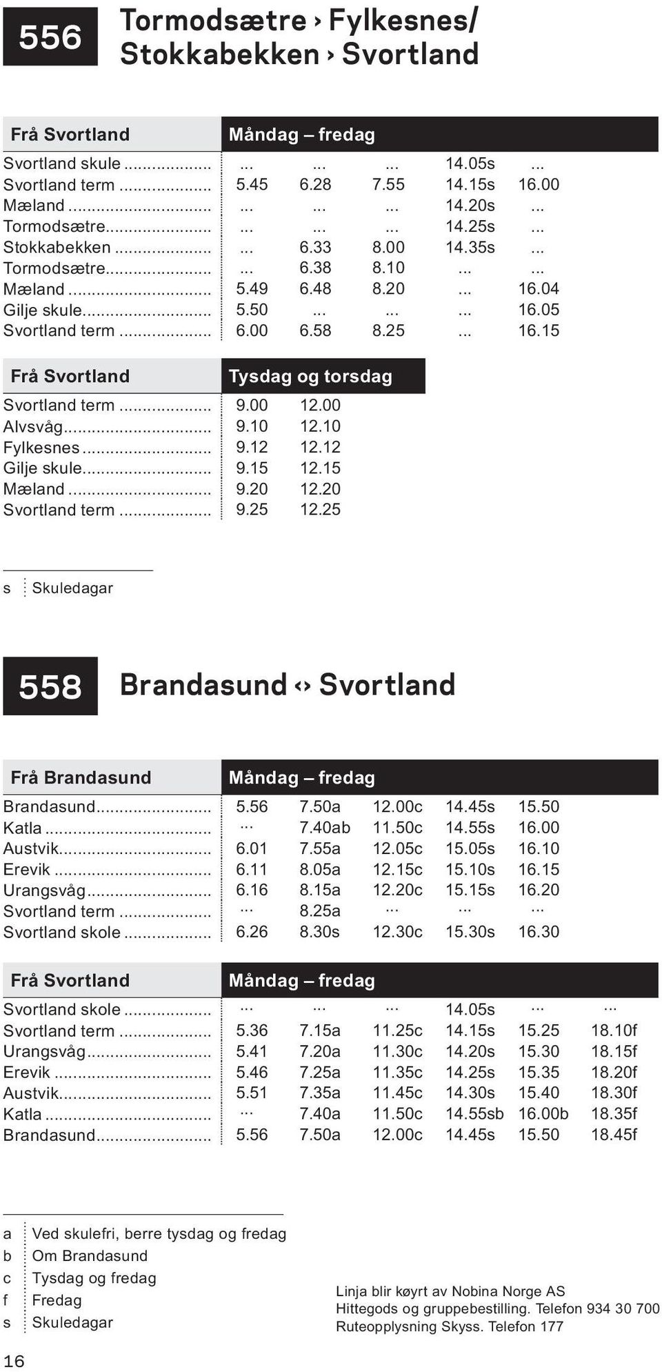 .. 9.00 12.00 Alvsvåg... 9.10 12.10 Fylkesnes... 9.12 12.12 Gilje skule... 9.15 12.15 Mæland... 9.20 12.20 Svortland term... 9.25 12.25 s Skuledagar 558 Brandasund Svortland Frå Brandasund Brandasund.