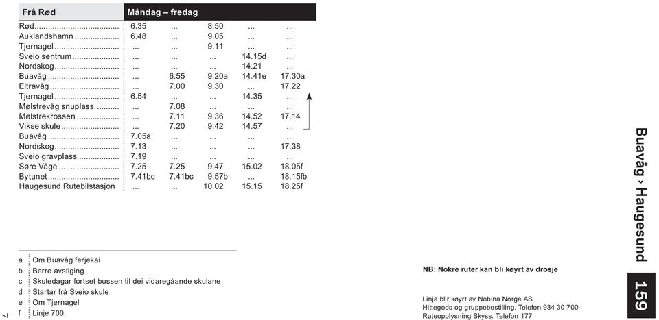 .. Buavåg... 7.05a............ Nordskog... 7.13......... 17.38 Sveio gravplass... 7.19............ Søre Våge... 7.25 7.25 9.47 15.02 18.05f Bytunet... 7.41bc 7.41bc 9.57b... 18.15fb Haugesund Rutebilstasjon.