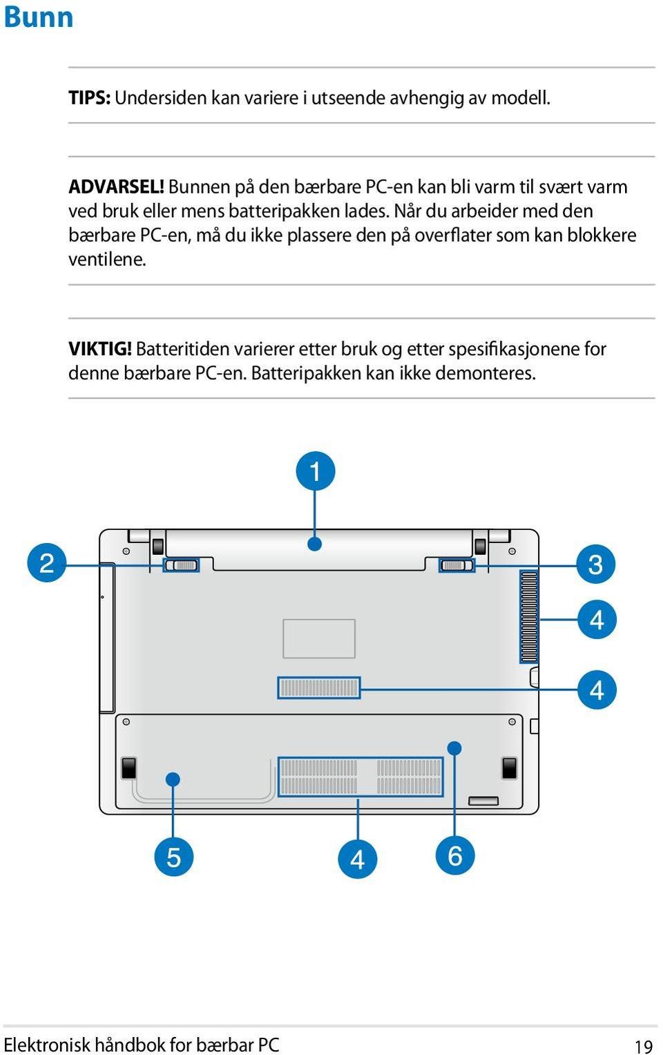 Når du arbeider med den bærbare PC-en, må du ikke plassere den på overflater som kan blokkere ventilene.