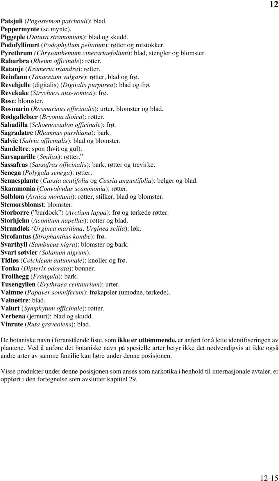 Revebjelle (digitalis) (Digiialis purpurea): blad og frø. Revekake (Strychnos nux-vomica): frø. Rose: blomster. Rosmarin (Rosmarinus officinalis): urter, blomster og blad.